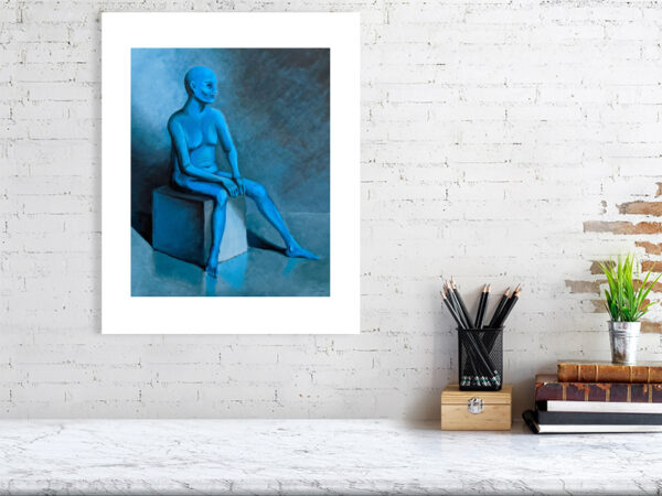 A lone seated figure, looking into the distance, with long shadows behind. Print mock-up mounted on a wall.