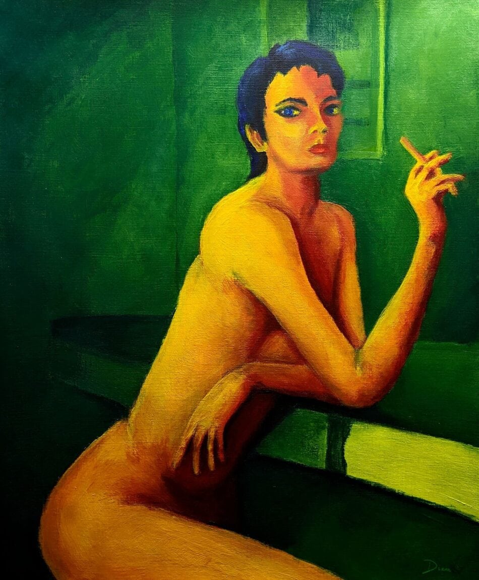A woman naked, but with a defiant stare, leaning on a bar smoking. Acrylic on paper. 29 x 42cm