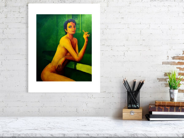 A woman naked, but with a defiant stare, leaning on a bar smoking. Print mock-up mounted on a wall.
