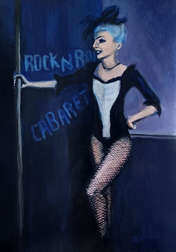 Painting of a trans-woman in fishnets and bodysuit standing in front of a curtain with the words "Rock n Roll Cabaret"